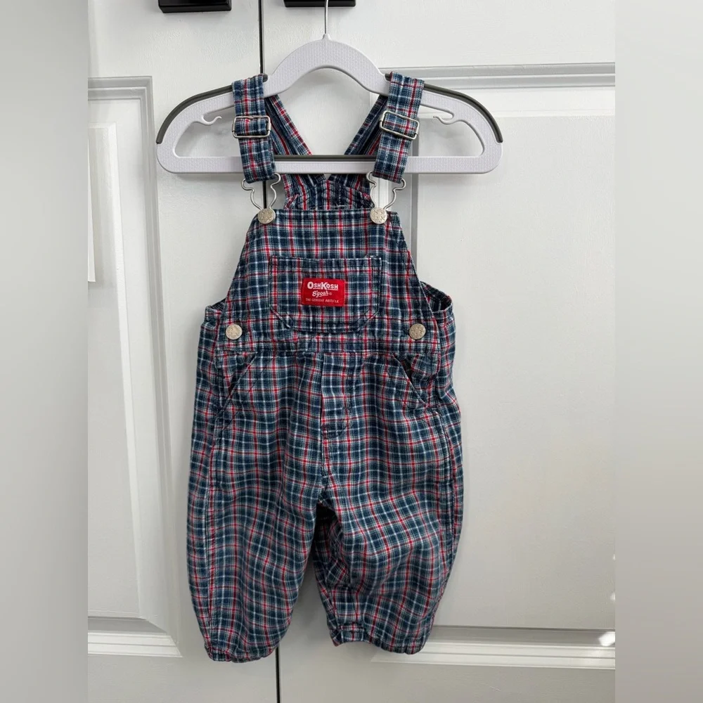 Vintage OshKosh BGosh Red White Blue Plaid Overalls Size 12 Months